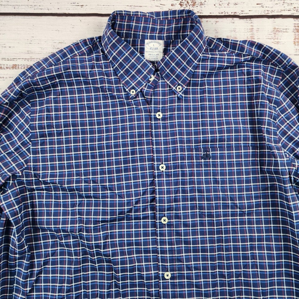 Brooks Brothers Mens Large L Plaid Button Front Performance Stretch Shirt Blue